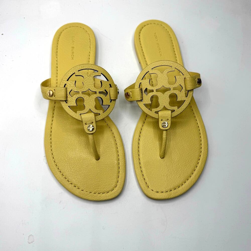 NEW NWT Tory Burch  Miller Slip On Tumbled Leather Thong Sandals Pale Butter 9 - Picture 2 of 8